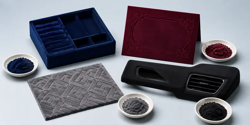 Flocking powder applications in packaging, printed cards, textiles and automotive trim Flocking powder applications in packaging, printed cards, textiles and automotive trim