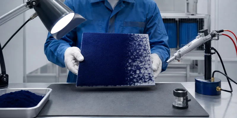 Technician inspecting a flocked test panel to diagnose electrostatic flocking problems Technician inspecting a flocked test panel to diagnose electrostatic flocking problems