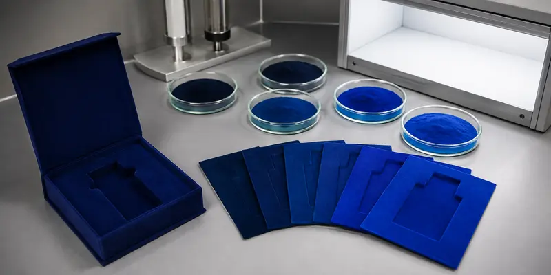 Colored flocking powder and packaging insert samples under controlled color lighting Colored flocking powder and packaging insert samples under controlled color lighting