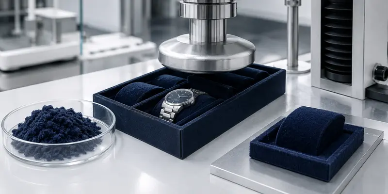 Nylon flock powder and a reusable watch packaging insert under compression testing Nylon flock powder and a reusable watch packaging insert under compression testing
