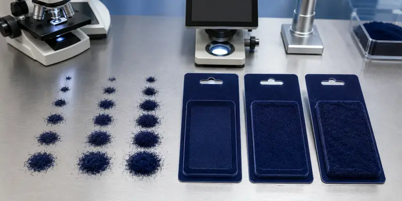 Packaging flock powder samples comparing fiber length, dtex and pile height Packaging flock powder samples comparing fiber length, dtex and pile height