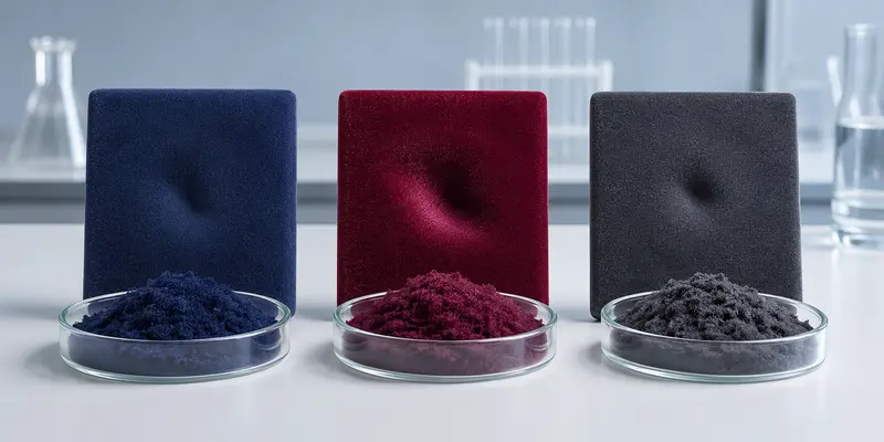 Nylon, viscose rayon and polyester flocking powder compared with matching flocked samples Nylon, viscose rayon and polyester flocking powder compared with matching flocked samples