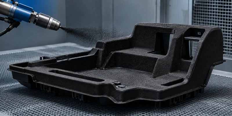 Electrostatic flocking on a molded component with recesses corners and bare edge coverage challenges Electrostatic flocking on a molded component with recesses corners and bare edge coverage challenges