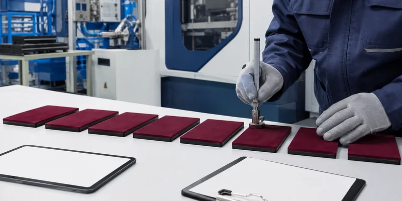 Technician checking flocked sample panels for repeatable electrostatic flocking production quality Technician checking flocked sample panels for repeatable electrostatic flocking production quality