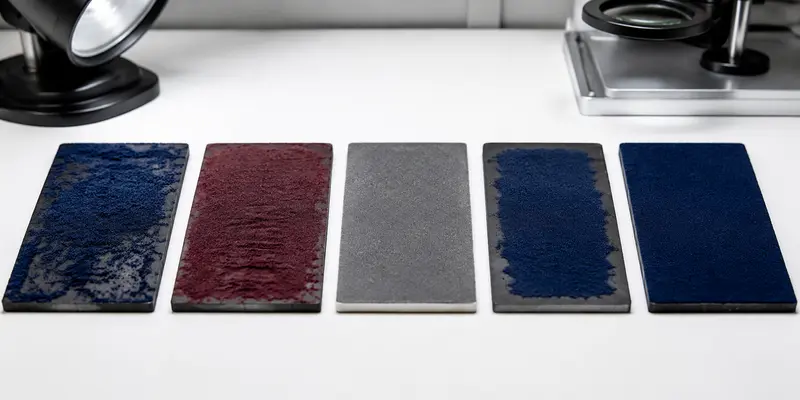 Flocked test samples showing uneven coverage, flattened pile, color mismatch and a correct finish Flocked test samples showing uneven coverage, flattened pile, color mismatch and a correct finish