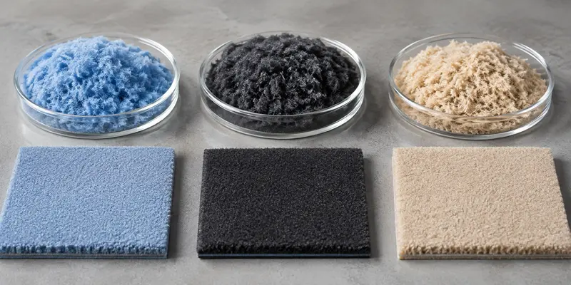 Polyester flock compared with nylon and viscose flocking material samples Polyester flock compared with nylon and viscose flocking material samples