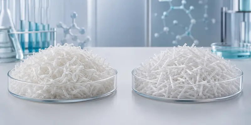 Nylon 6 and Nylon 66 flock fibers compared on a materials laboratory bench Nylon 6 and Nylon 66 flock fibers compared on a materials laboratory bench