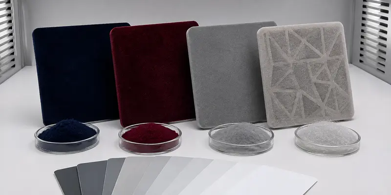 Colored and translucent flocking powder samples evaluated for color, transparency and texture Colored and translucent flocking powder samples evaluated for color, transparency and texture