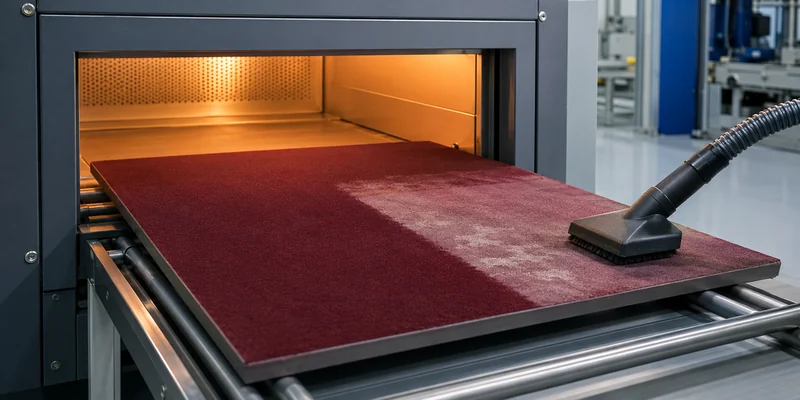Flocked panel after curing and vacuum cleaning showing discoloration and flattened pile defects Flocked panel after curing and vacuum cleaning showing discoloration and flattened pile defects