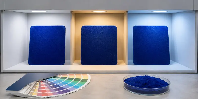 Custom dyed flock powder samples approved under daylight warm and cool lighting