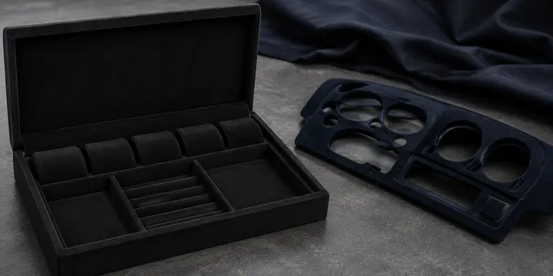 Dull colored flocking powder on low-glare packaging and instrument surfaces