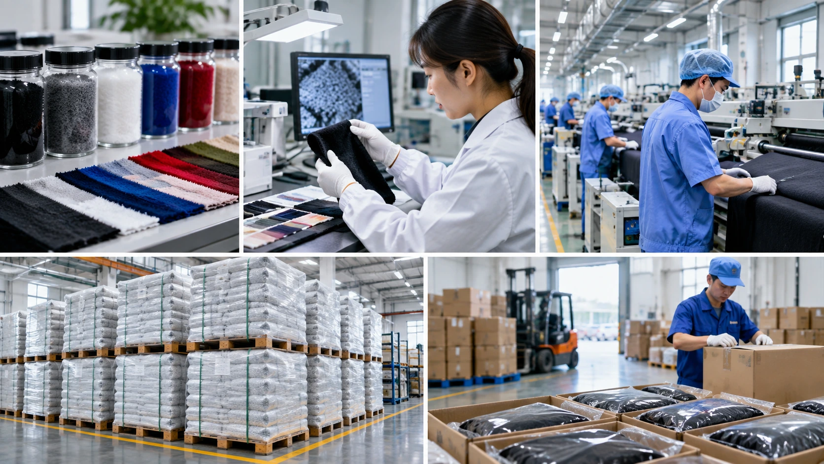 Zhangs-style textile manufacturing and quality control collage with flock fiber samples, inspection, production, packaging, and stable supply scenes. Zhangs-style textile manufacturing and quality control collage with flock fiber samples, inspection, production, packaging, and stable supply scenes.