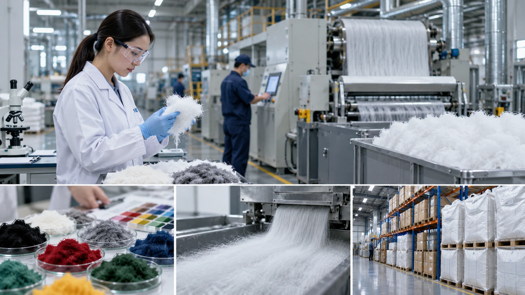 Modern flock fiber manufacturing, inspection, color matching, and organized inventory scene representing a professional supplier.