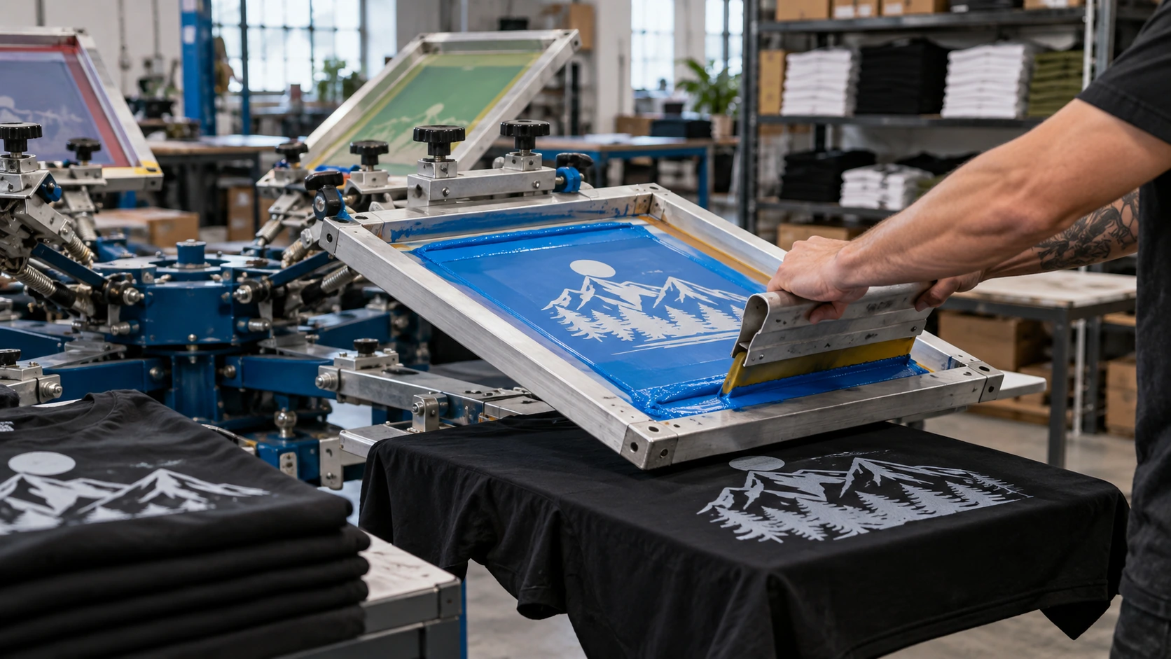 Screen printing press applying ink to T-shirts in an apparel workshop, showing flat graphic printing in production.