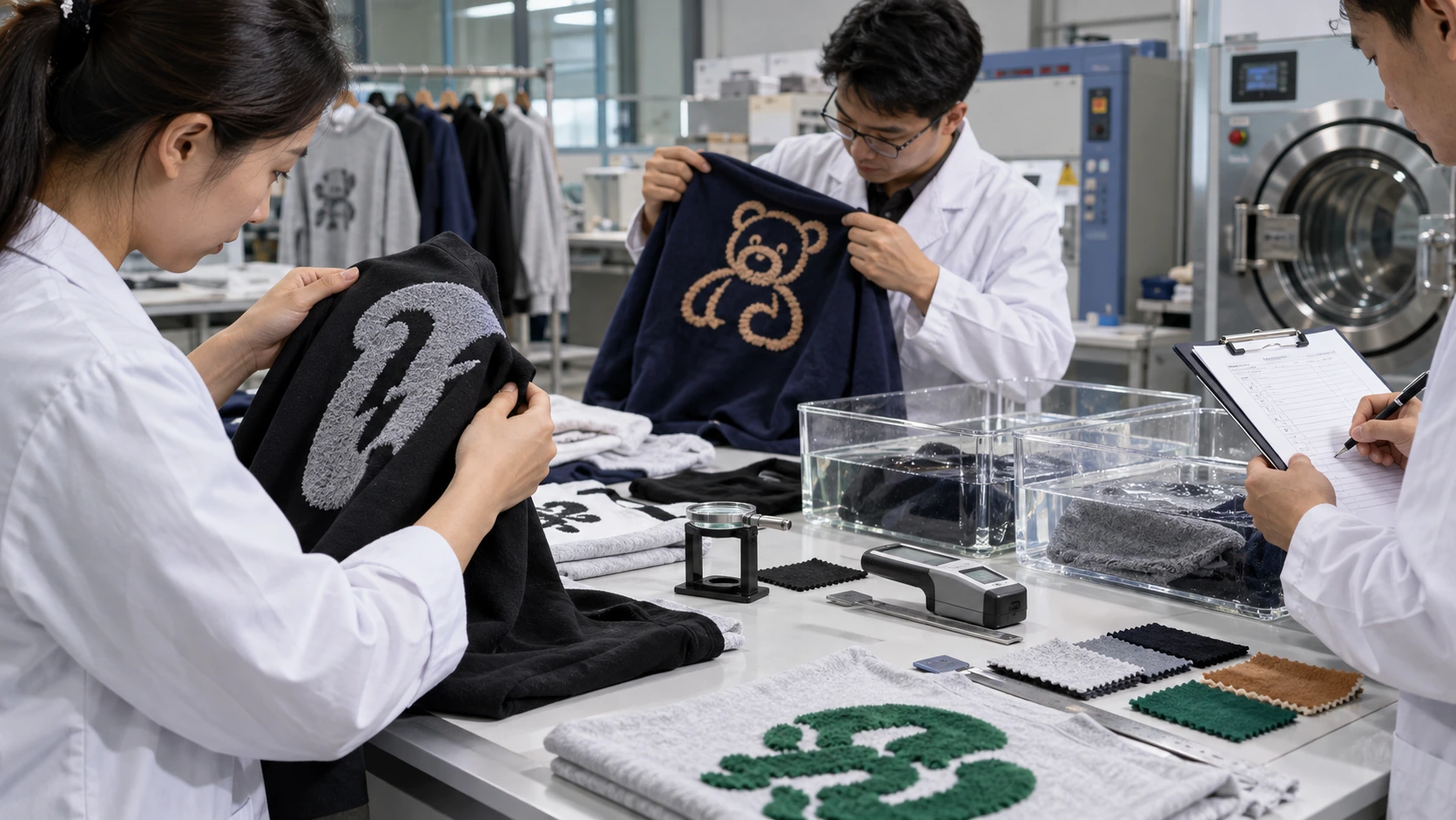 Quality control team inspecting flock-printed garments, wash-test samples, and fabric swatches before production. Quality control team inspecting flock-printed garments, wash-test samples, and fabric swatches before production.