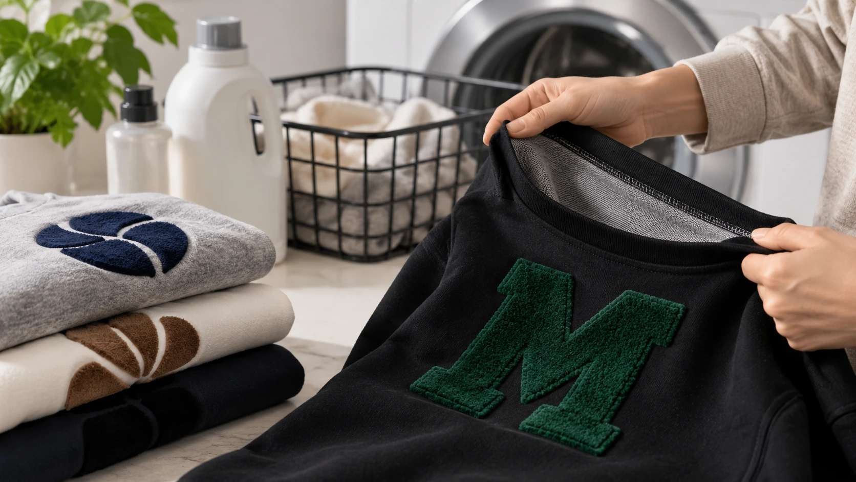 Careful handling of a flock-printed sweatshirt in a laundry setting, illustrating proper care to help flock printing last longer. Careful handling of a flock-printed sweatshirt in a laundry setting, illustrating proper care to help flock printing last longer.