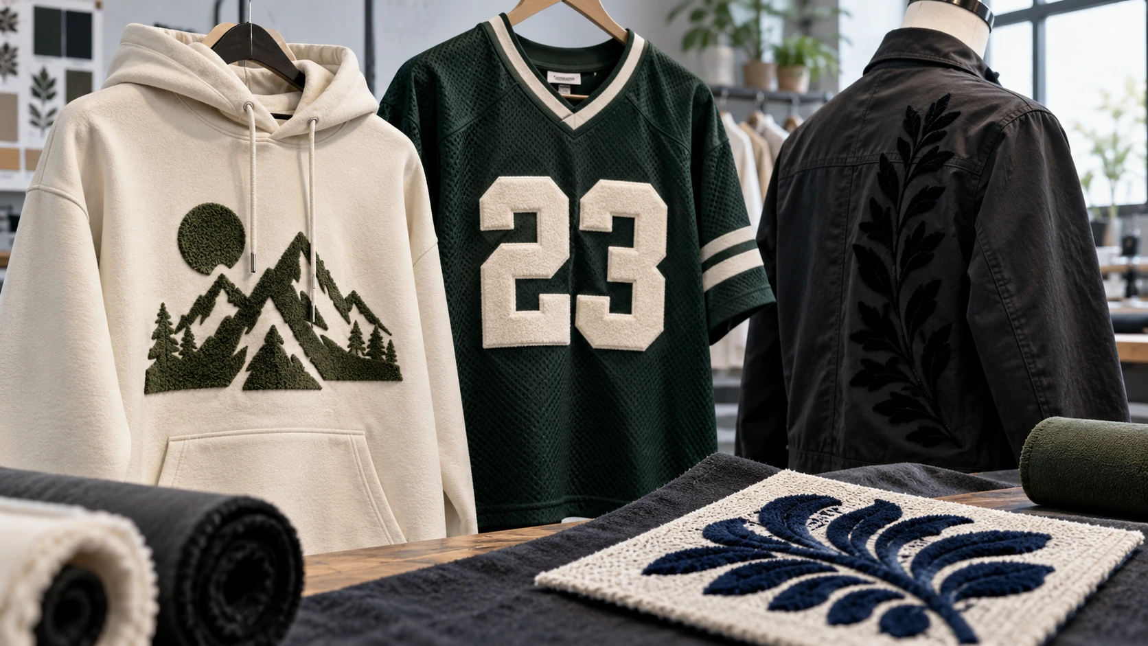 Collection of apparel examples including a flocked hoodie, sports jersey, jacket, and decorative patch to show flock printing applications.