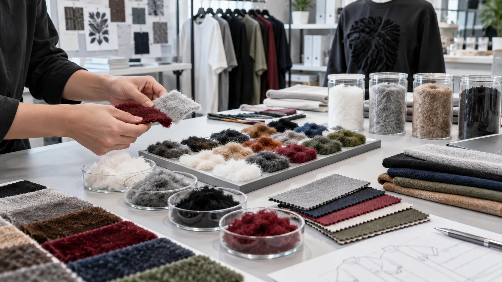 Material selection desk with colored flock fiber samples, swatches, and textile planning tools for choosing the right flocking fiber.