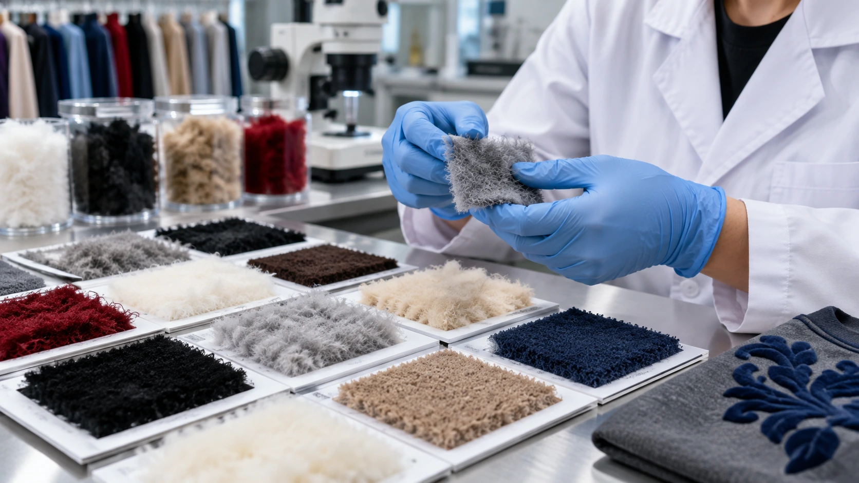 Technician inspecting colorful flocking fiber samples in a textile lab, highlighting how flocking fiber quality affects print durability. Technician inspecting colorful flocking fiber samples in a textile lab, highlighting how flocking fiber quality affects print durability.