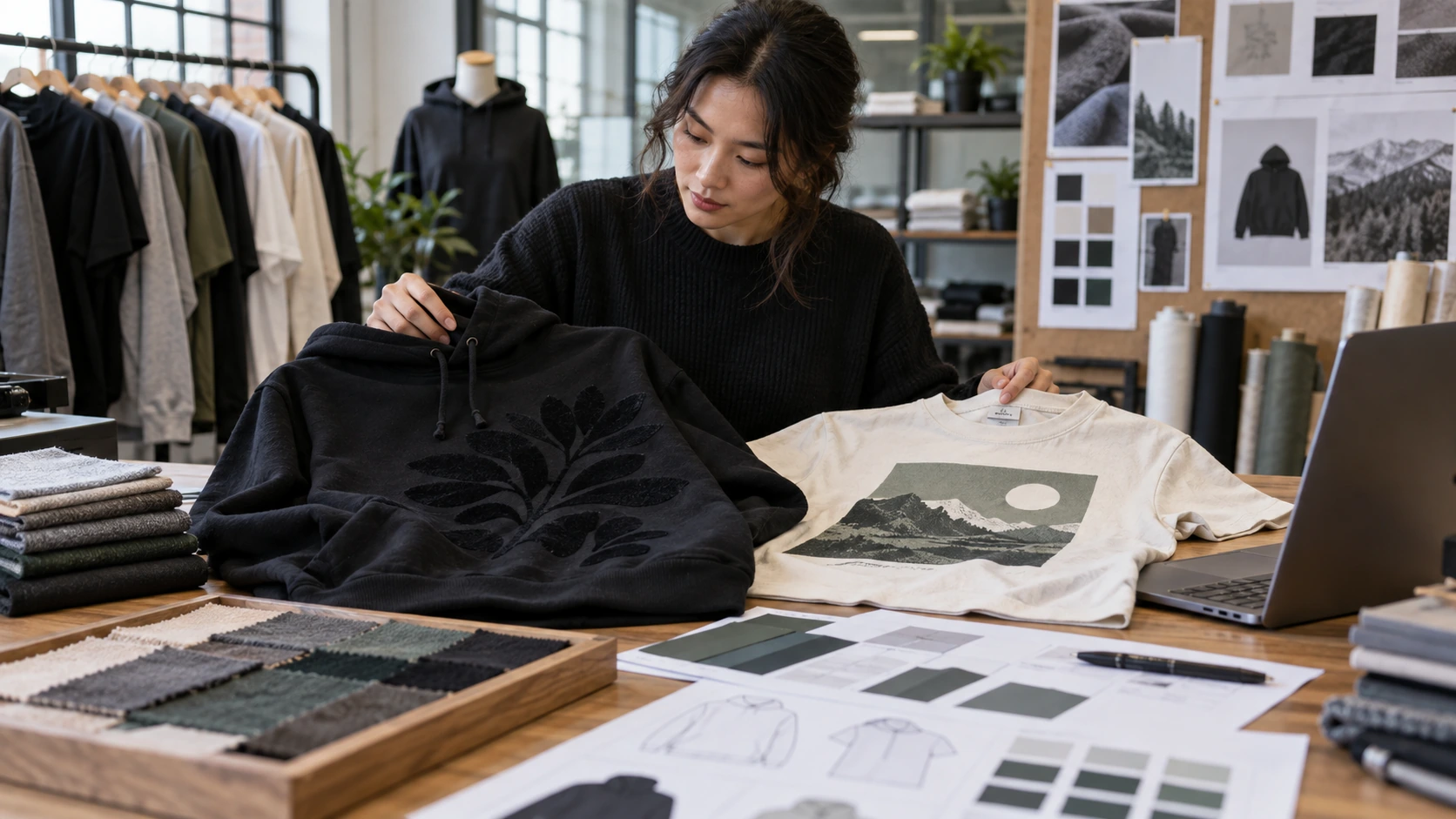 Designer comparing a flock-printed hoodie and a screen-printed T-shirt at a product development table in an apparel studio.