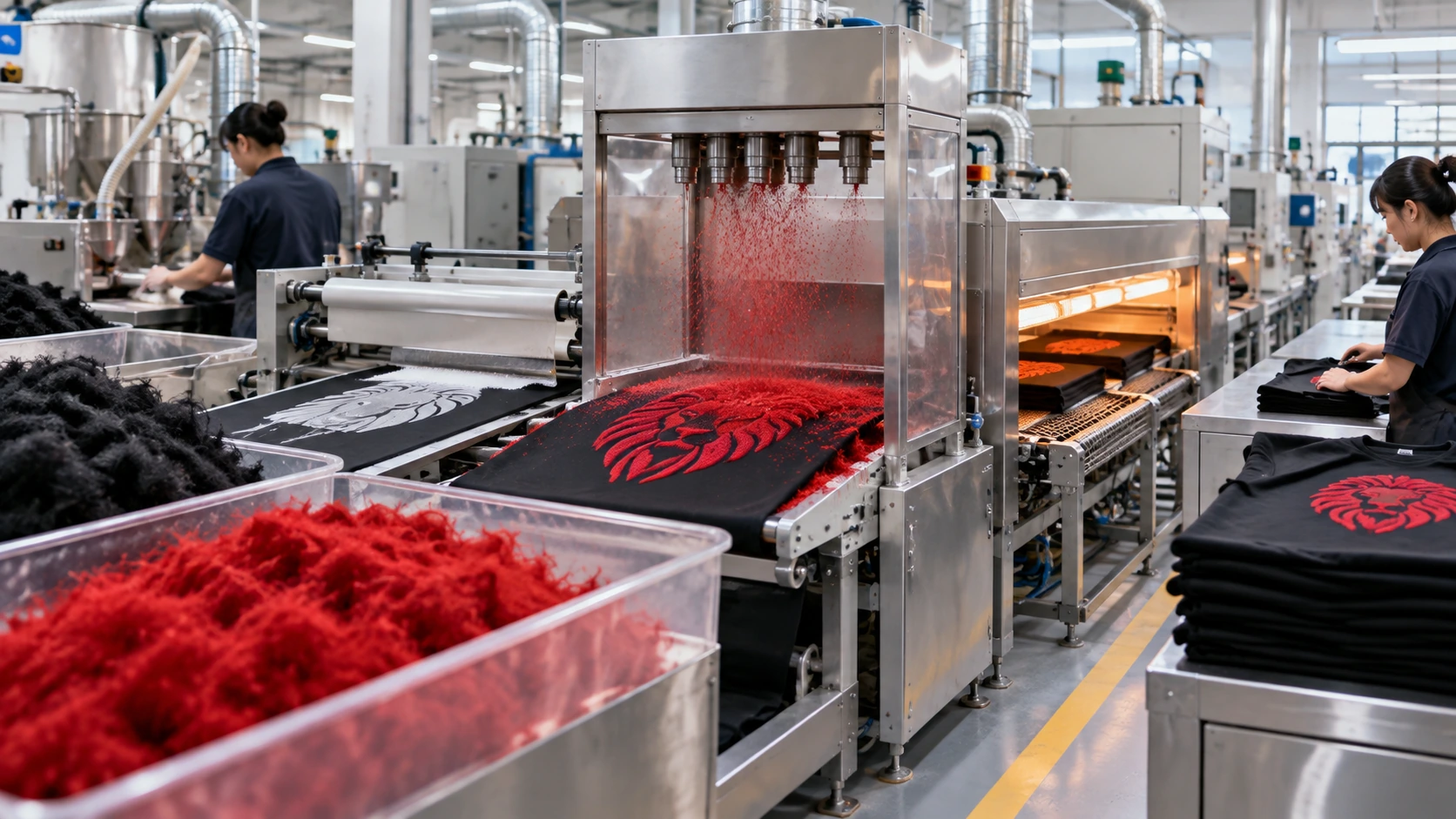 Modern industrial flocking production line showing fiber application, curing, and finishing stages that influence flock print longevity. Modern industrial flocking production line showing fiber application, curing, and finishing stages that influence flock print longevity.
