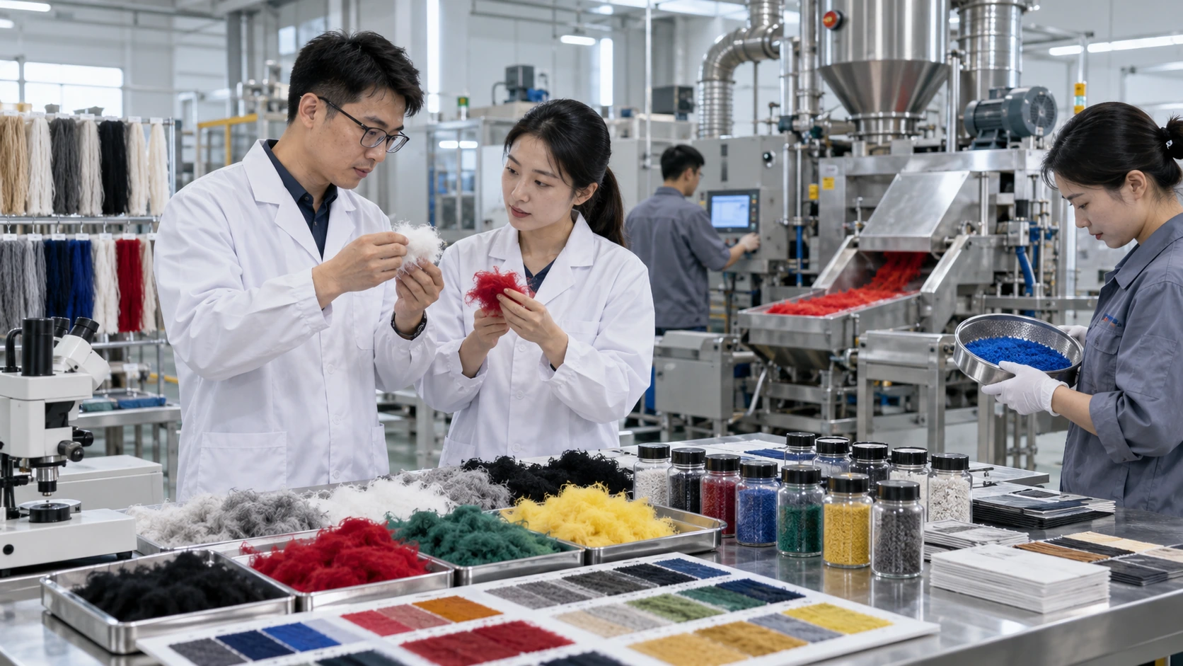 Zhangs flocking material team in a clean industrial lab reviewing flock fiber samples and quality data in a production environment.