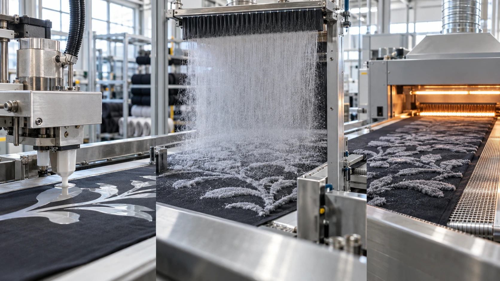 Industrial flock printing process showing adhesive application, fiber deposition, and drying on a production line.