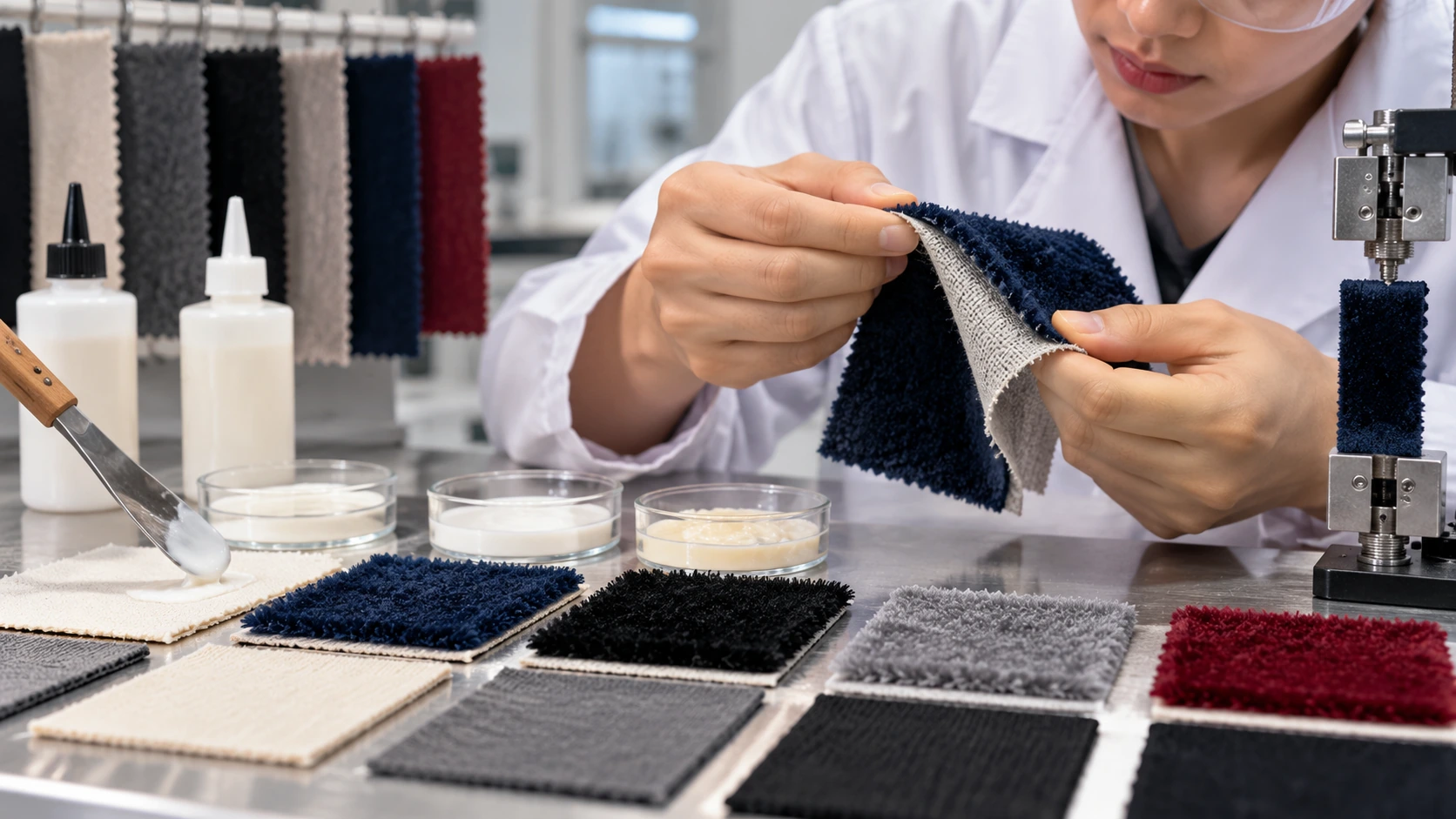 Lab scene showing flocked fabric samples, adhesive testing, and bonding evaluation to illustrate how flocking glue and adhesive compatibility influence durability. Lab scene showing flocked fabric samples, adhesive testing, and bonding evaluation to illustrate how flocking glue and adhesive compatibility influence durability.