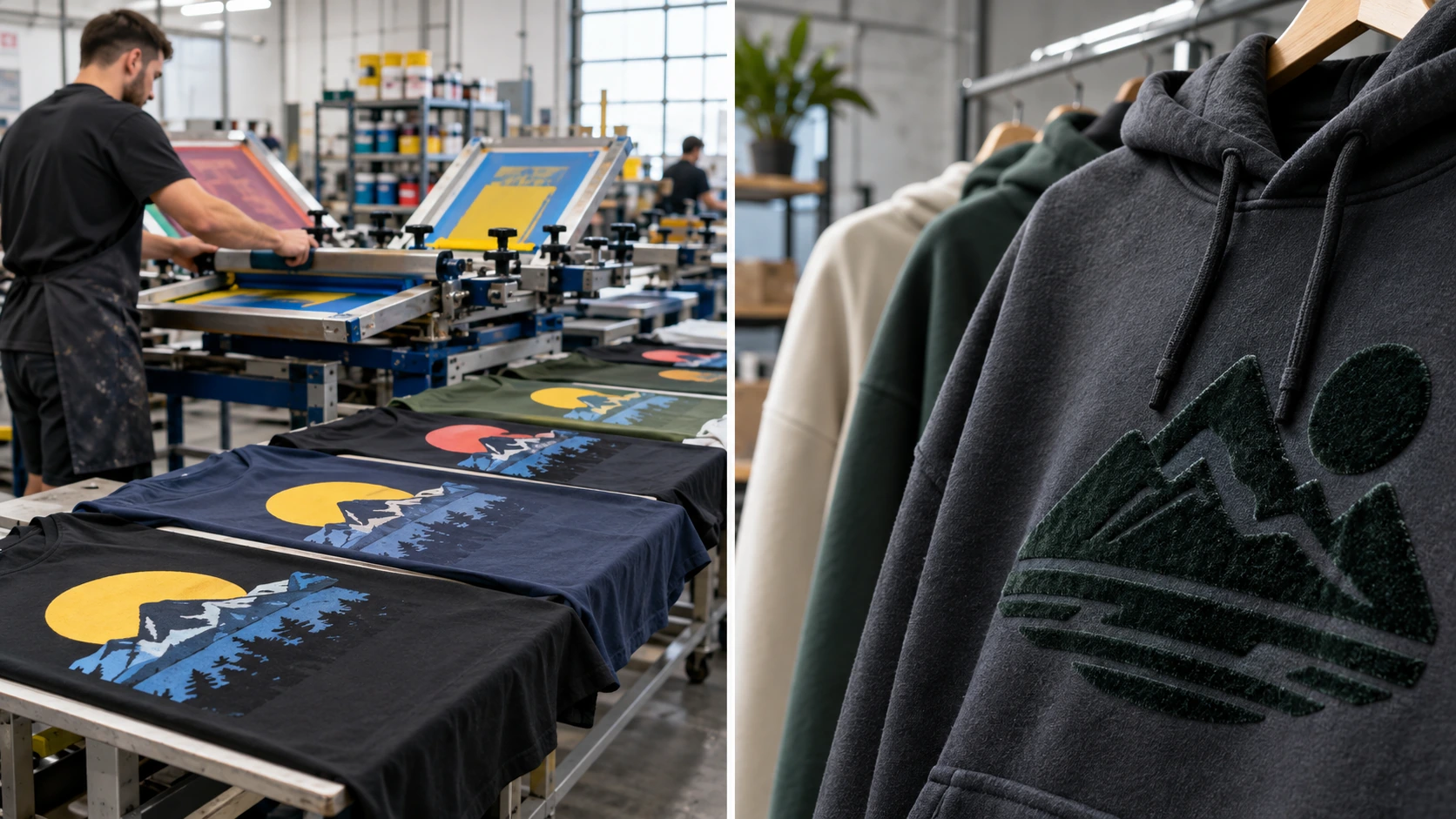 Split image showing screen printing production on the left and a premium flock-printed hoodie on the right for a quick apparel printing decision guide.