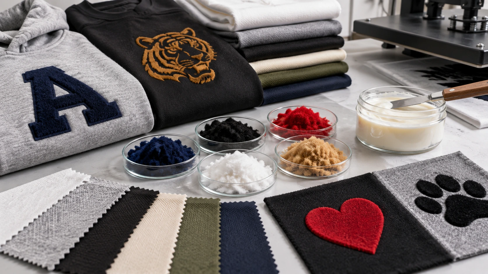 Textile material worktable with flocked samples, flocking fibers, fabric swatches, and adhesive, illustrating the key factors that affect flock printing durability. Textile material worktable with flocked samples, flocking fibers, fabric swatches, and adhesive, illustrating the key factors that affect flock printing durability.