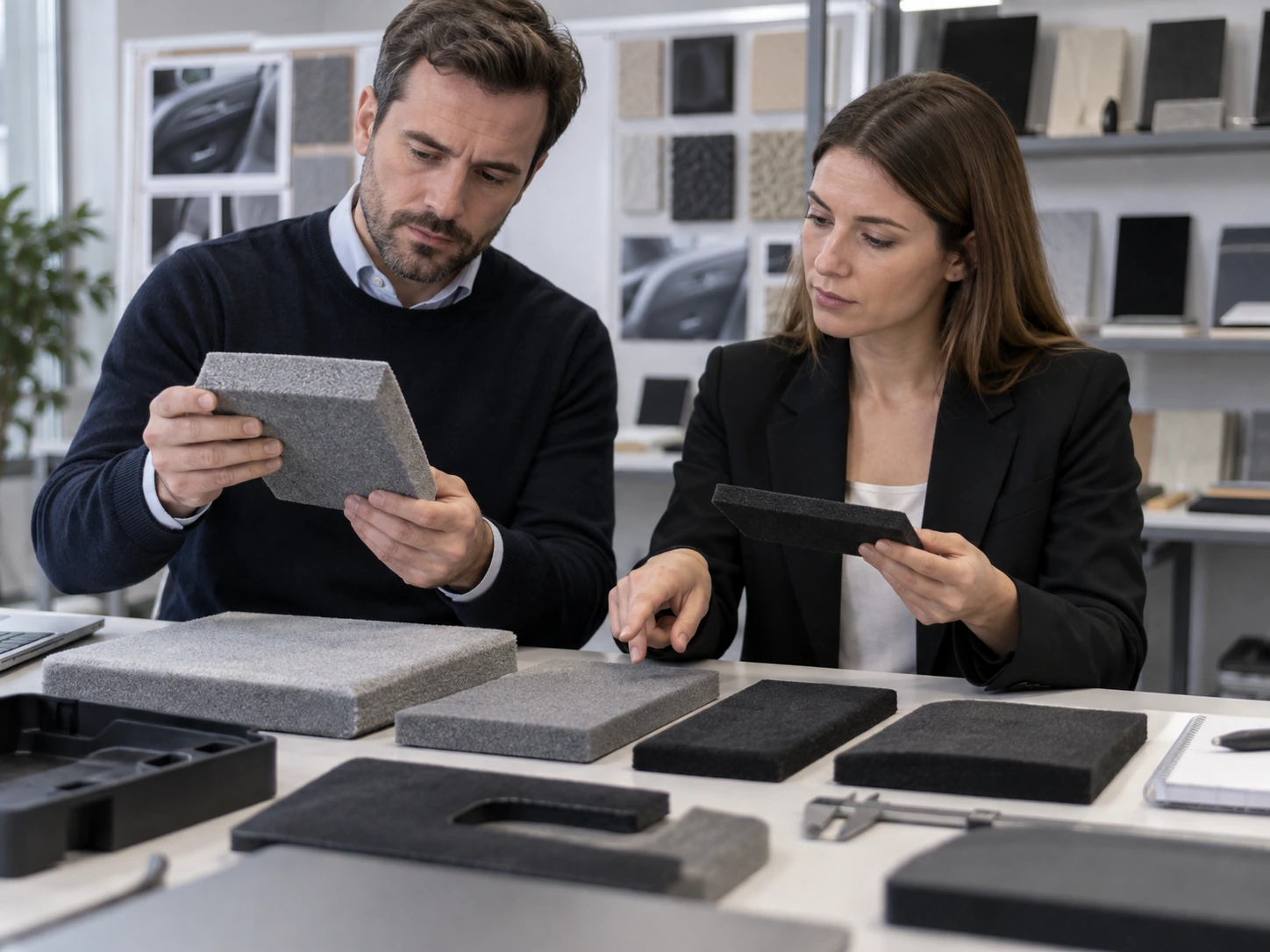 Two professionals comparing flocked sponge samples of different thicknesses and densities in a material evaluation lab. Two professionals comparing flocked sponge samples of different thicknesses and densities in a material evaluation lab.