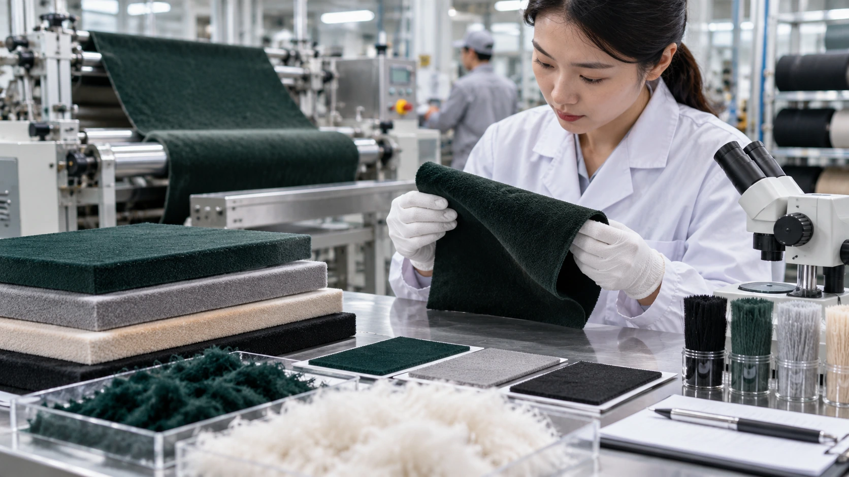 Quality inspection of flocked material samples in a factory laboratory showing Zhangs material development and manufacturing control. Quality inspection of flocked material samples in a factory laboratory showing Zhangs material development and manufacturing control.