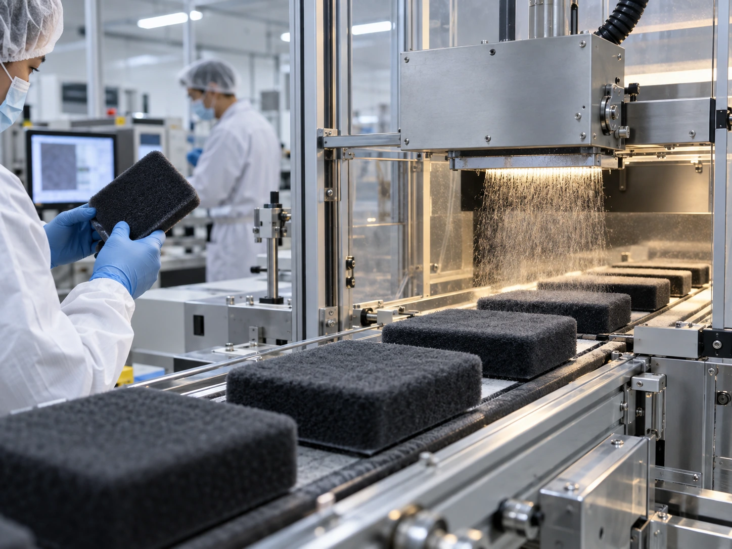Automated electrostatic flocking production line applying fibers to sponge blocks in a clean factory environment. Automated electrostatic flocking production line applying fibers to sponge blocks in a clean factory environment.