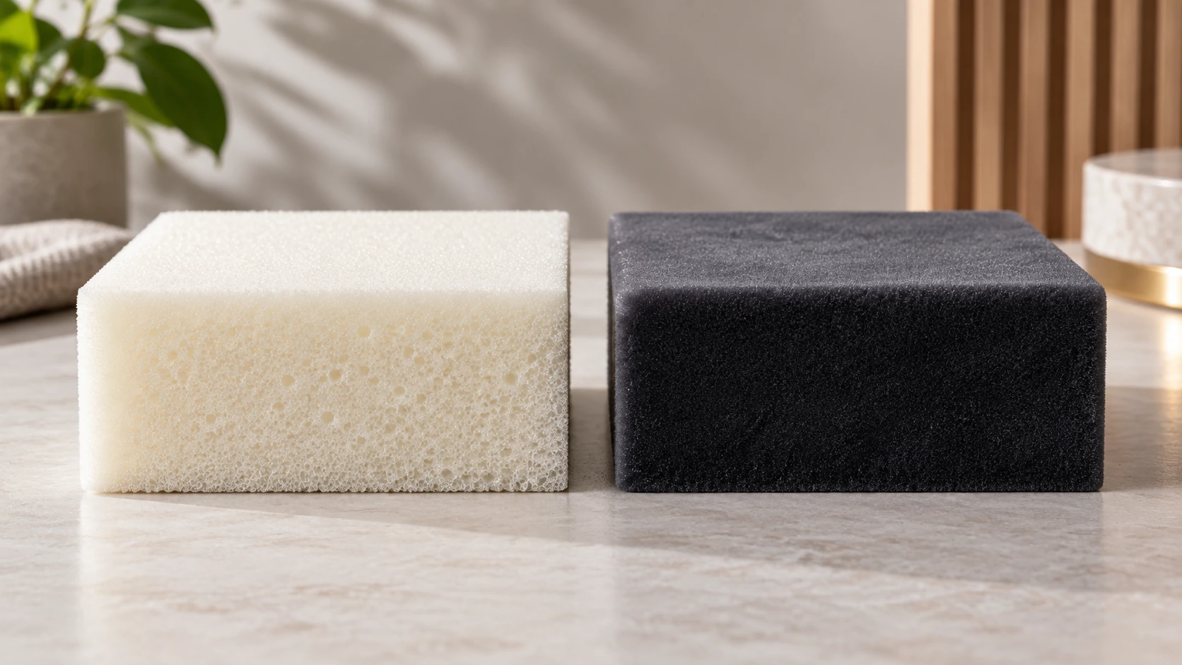 Side-by-side comparison of traditional foam and flocking sponge showing the visual difference between a basic foam surface and a soft flocked surface. Side-by-side comparison of traditional foam and flocking sponge showing the visual difference between a basic foam surface and a soft flocked surface.