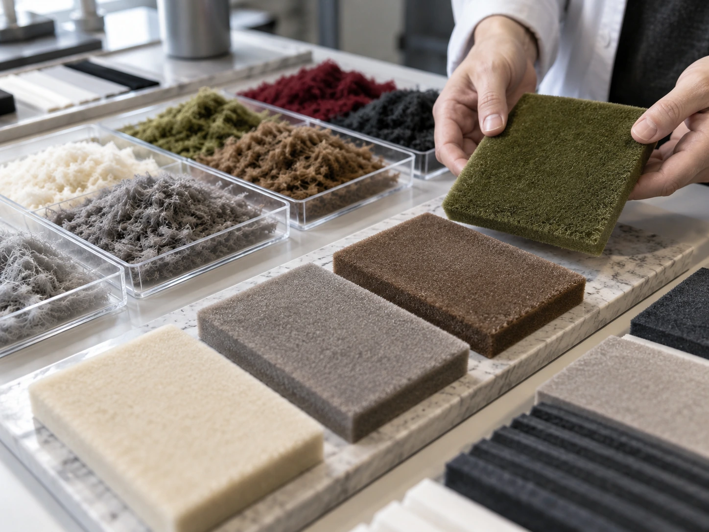 Designer hands examining flocked sponge samples in multiple colors and textures, showing how flocking fiber affects softness and surface appearance. Designer hands examining flocked sponge samples in multiple colors and textures, showing how flocking fiber affects softness and surface appearance.
