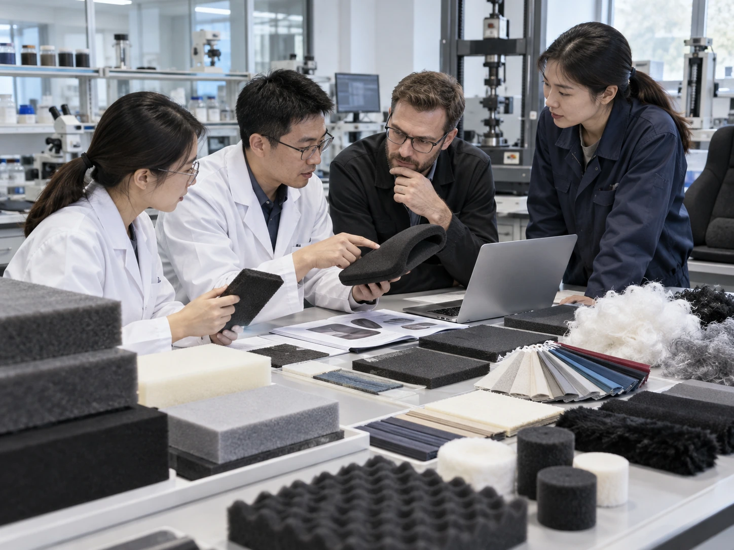 Collaborative material development meeting with flocked sponge samples, fiber swatches, and foam prototypes in a testing laboratory. Collaborative material development meeting with flocked sponge samples, fiber swatches, and foam prototypes in a testing laboratory.