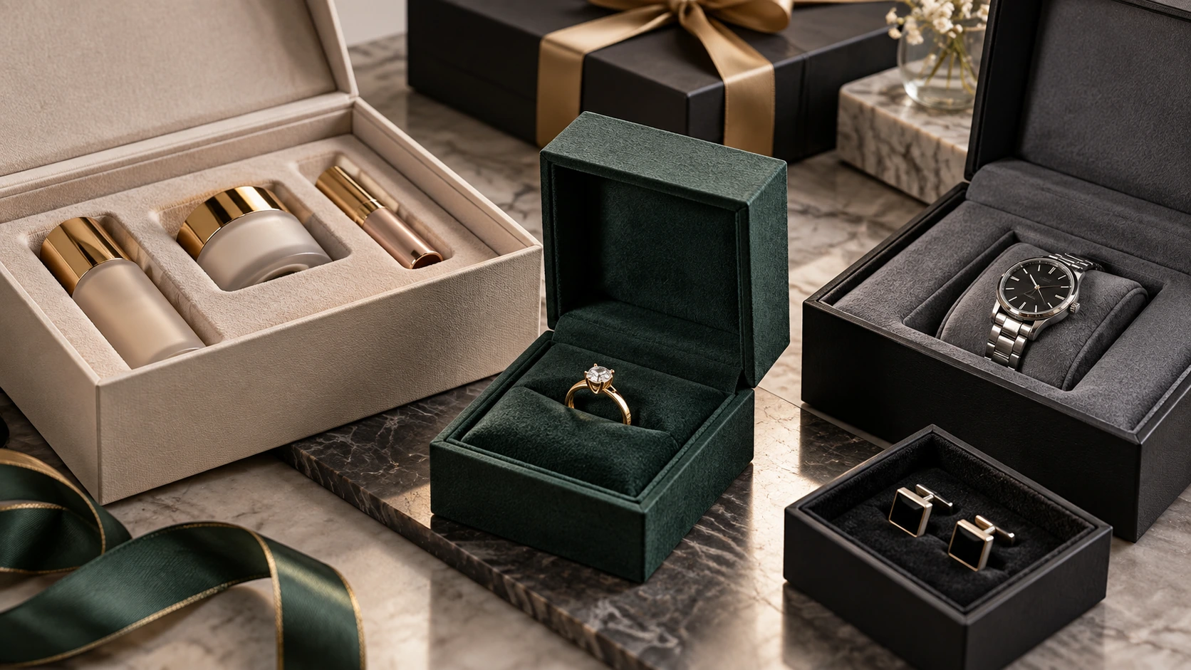 Luxury jewelry, cosmetic, and watch packaging using flocked sponge inserts for soft protection and premium presentation. Luxury jewelry, cosmetic, and watch packaging using flocked sponge inserts for soft protection and premium presentation.