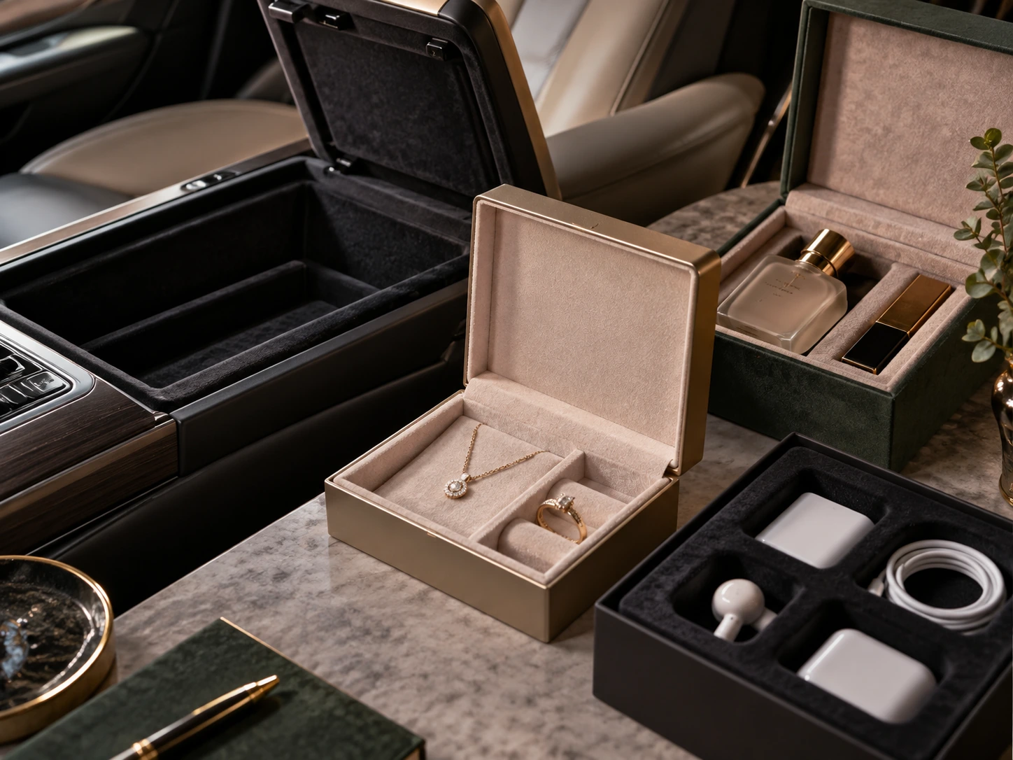 Luxury display scene combining automotive storage, jewelry packaging, cosmetics, and electronics inserts to show different flocked sponge applications. Luxury display scene combining automotive storage, jewelry packaging, cosmetics, and electronics inserts to show different flocked sponge applications.