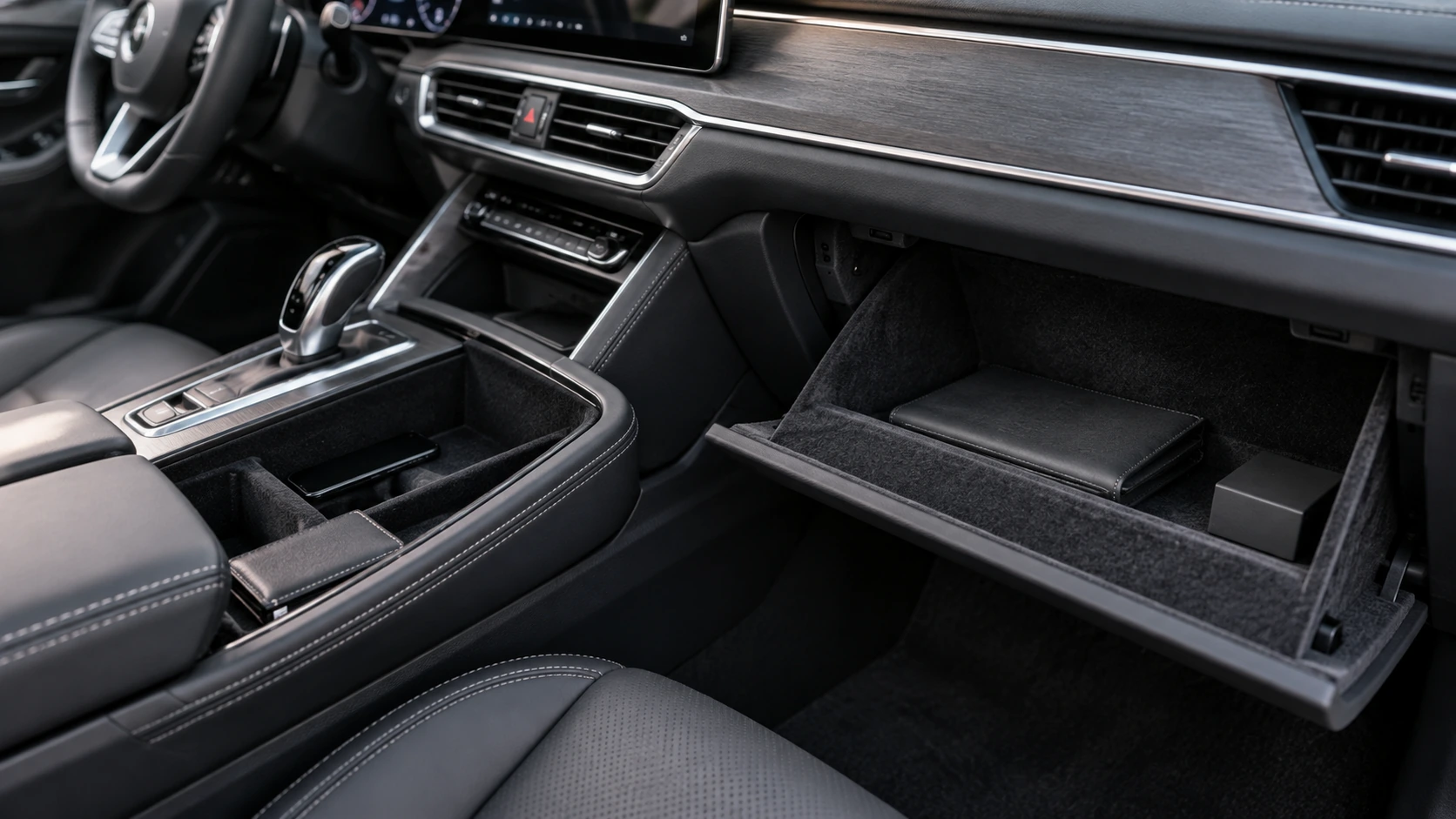 Modern car interior with flocked glove box and storage compartments showing flocking sponge applications in automotive interiors. Modern car interior with flocked glove box and storage compartments showing flocking sponge applications in automotive interiors.