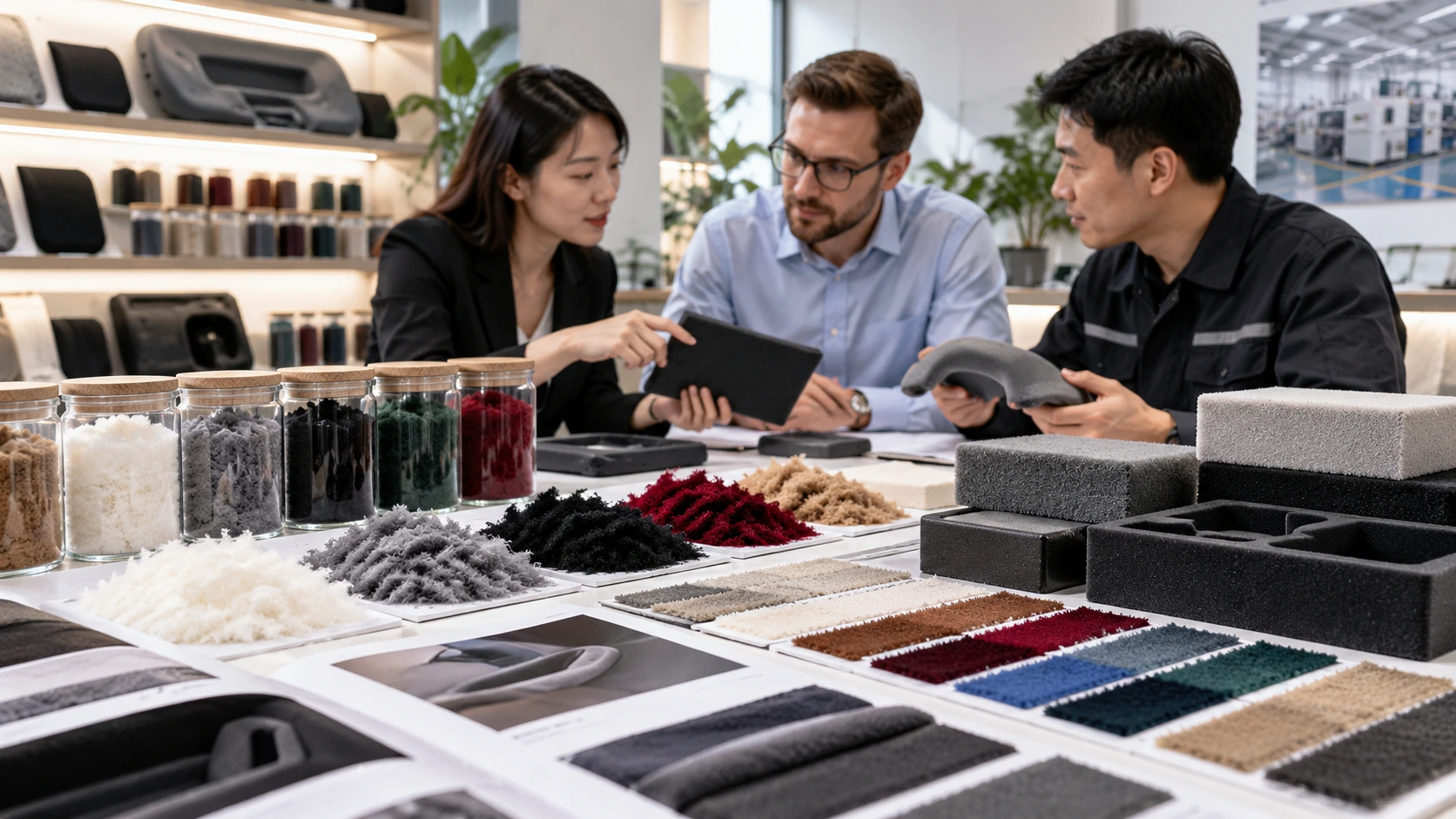 Zhangs team reviewing flocking fiber samples, foam inserts, and color swatches with customers in a material development meeting. Zhangs team reviewing flocking fiber samples, foam inserts, and color swatches with customers in a material development meeting.