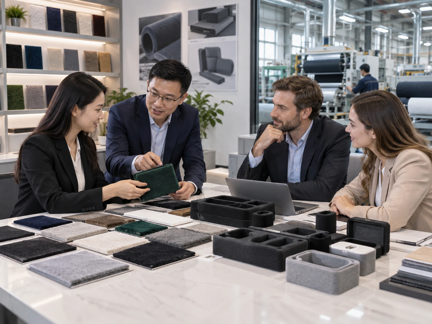 Business consultation at a flocking material showroom with product samples and a factory production area in the background. Business consultation at a flocking material showroom with product samples and a factory production area in the background.