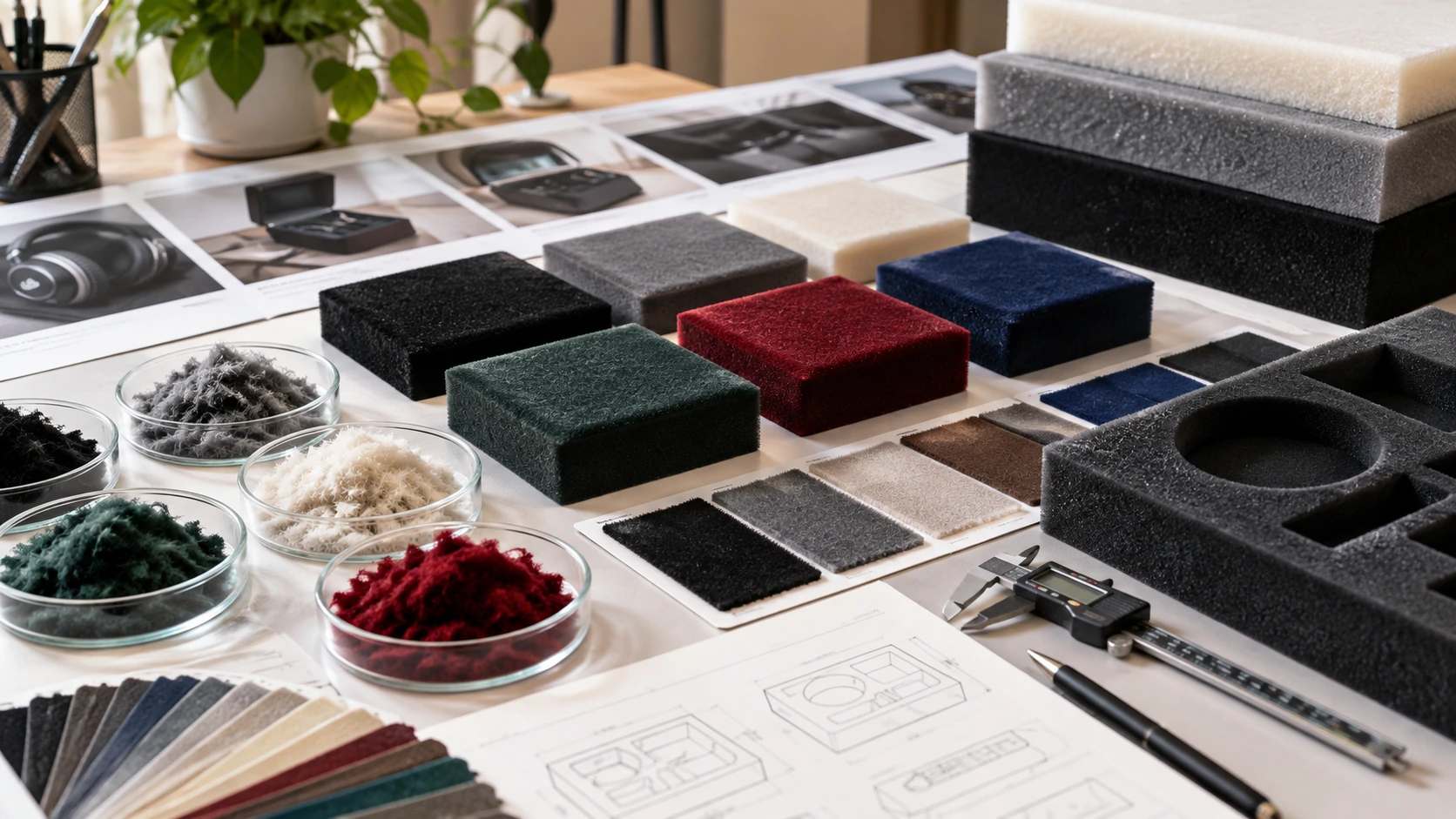 Assorted flocking sponge samples, loose fibers, and packaging inserts arranged on a design table for material selection and color matching. Assorted flocking sponge samples, loose fibers, and packaging inserts arranged on a design table for material selection and color matching.