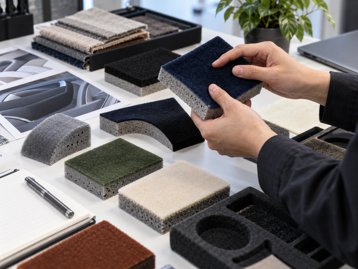 Material thickness comparison with flocked sponge pads in different sizes and packaging examples, illustrating how sponge base material supports cushioning and presentation. Material thickness comparison with flocked sponge pads in different sizes and packaging examples, illustrating how sponge base material supports cushioning and presentation.