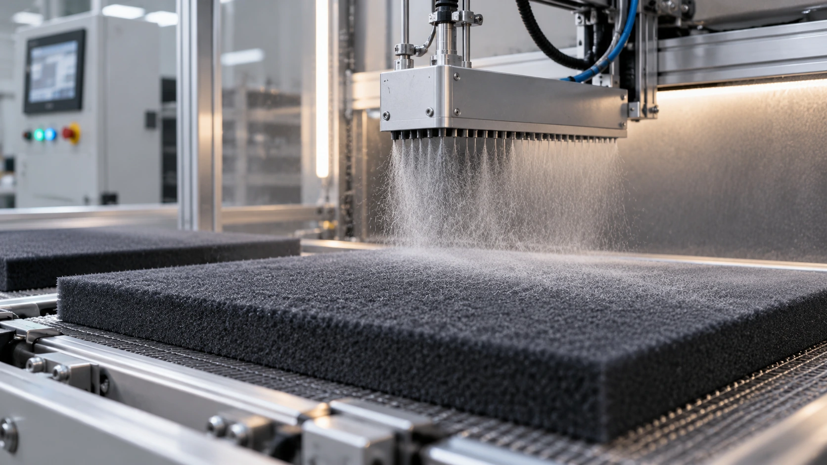 Electrostatic flocking process on a production line applying fine fibers onto sponge sheets in a controlled manufacturing environment. Electrostatic flocking process on a production line applying fine fibers onto sponge sheets in a controlled manufacturing environment.