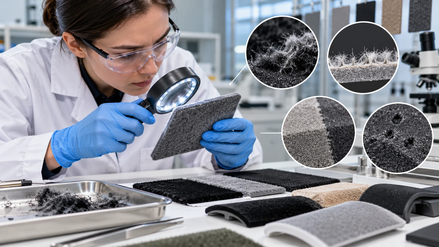 Quality inspection of flocked material samples under magnification to identify fiber shedding, uneven coverage, and bonding issues. Quality inspection of flocked material samples under magnification to identify fiber shedding, uneven coverage, and bonding issues.