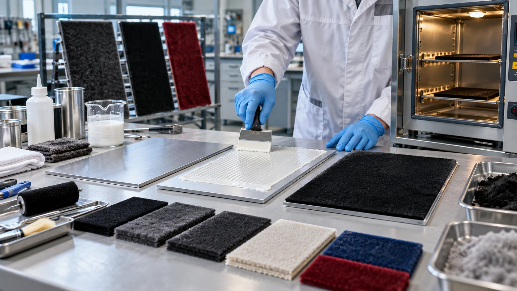Flocked automotive, packaging, and industrial samples inspected during application-specific adhesion troubleshooting. Flocked automotive, packaging, and industrial samples inspected during application-specific adhesion troubleshooting.