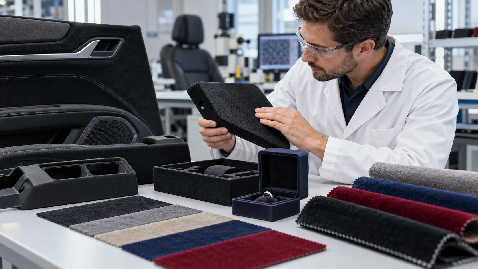 Industrial flocking laboratory showing adhesive application, substrate preparation, and curing tests used to fix flocking adhesion problems. Industrial flocking laboratory showing adhesive application, substrate preparation, and curing tests used to fix flocking adhesion problems.