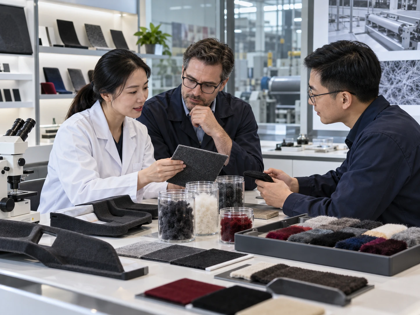 Zhangs material development team reviewing flocking fibers, adhesives, and finished samples for customized flocking solutions. Zhangs material development team reviewing flocking fibers, adhesives, and finished samples for customized flocking solutions.
