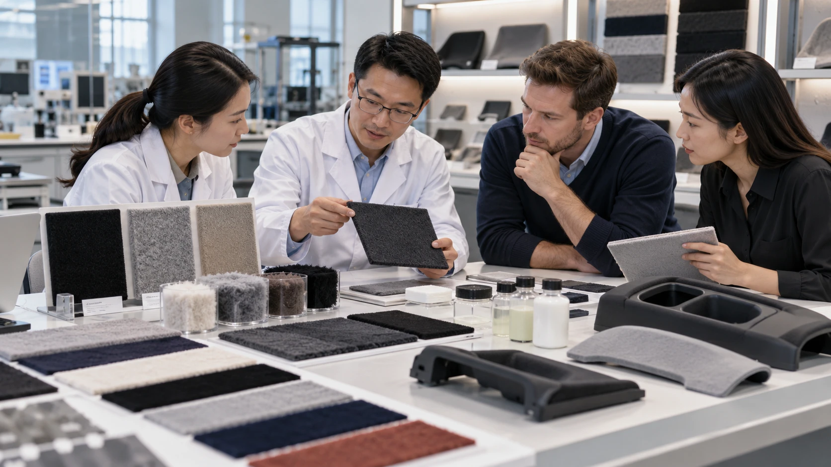 Zhangs technical team reviewing flocking materials, adhesive solutions, and application samples for customized flocking development. Zhangs technical team reviewing flocking materials, adhesive solutions, and application samples for customized flocking development.