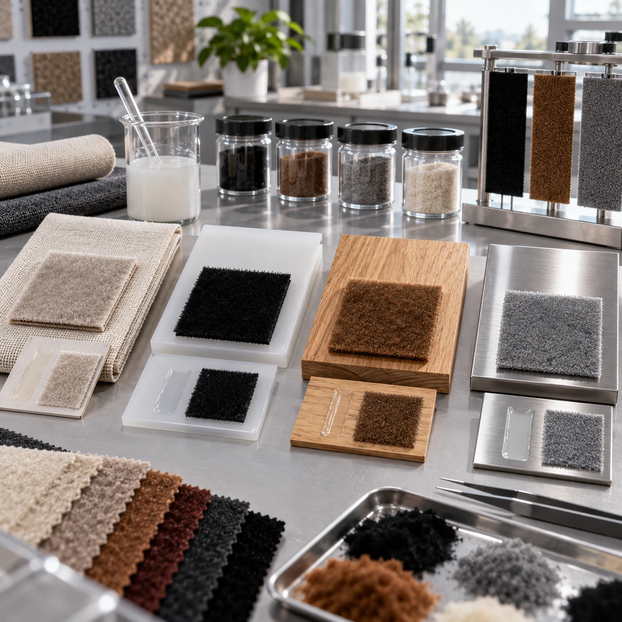 Material laboratory workspace displaying fabric, plastic, wood, and metal substrates with flocked samples for adhesive compatibility evaluation. Material laboratory workspace displaying fabric, plastic, wood, and metal substrates with flocked samples for adhesive compatibility evaluation.